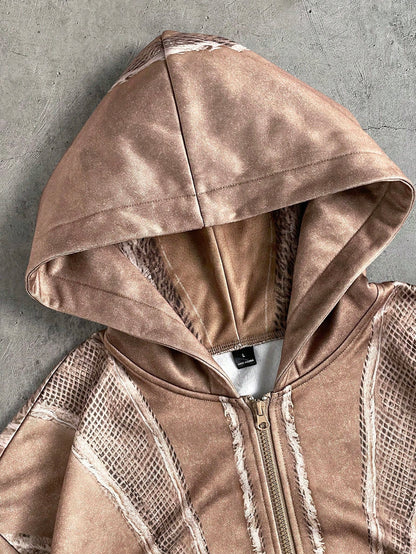 Men's Brown Distressed Cropped Loose Zip-Up Hoodie