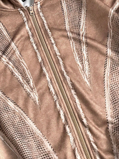 Men's Brown Distressed Cropped Loose Zip-Up Hoodie