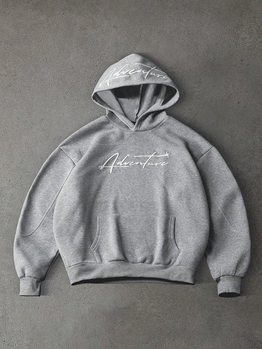 Men's Retro Letter Foam Print Patchwork Pocket Hoodie