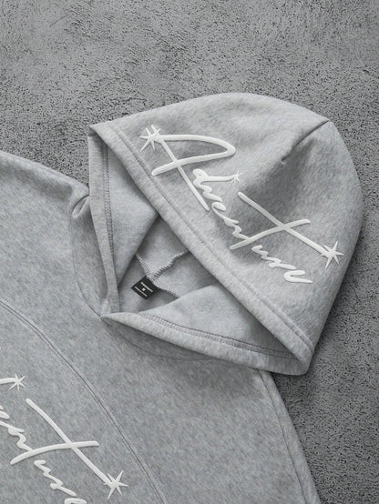 Men's Retro Letter Foam Print Patchwork Pocket Hoodie
