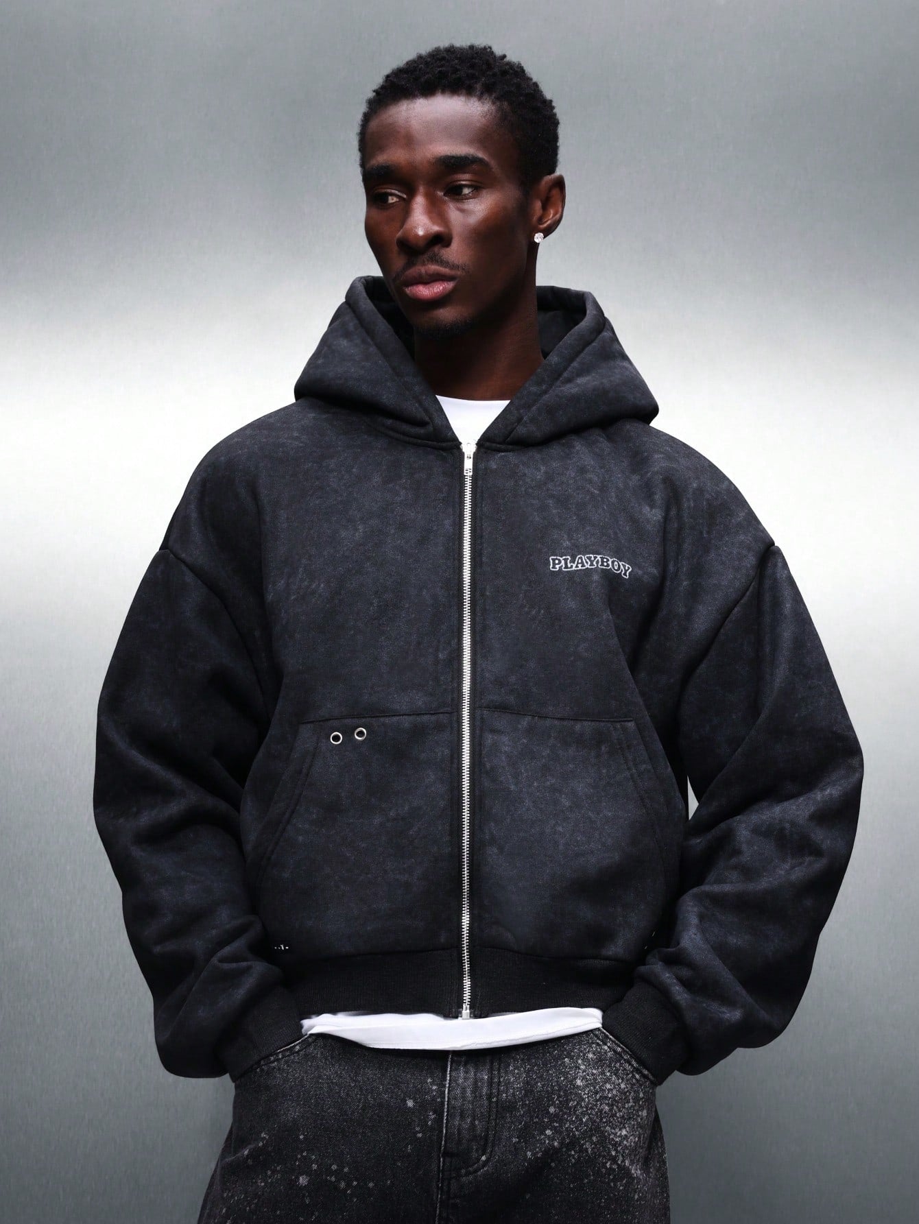 Playboy X Sumwon Distressed Zip-Up Bunny Logo Hoodie