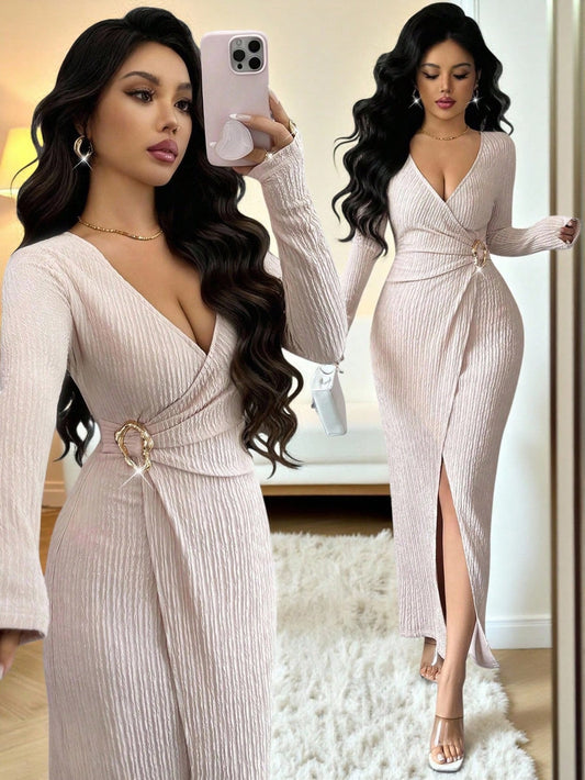 Elegant V-Neck Pleated Irregular Hem Knitted Mini Dress