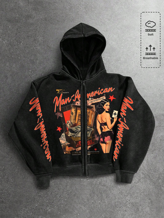 Men's Letter Figure Print Zip Front Long Sleeve Hoodie