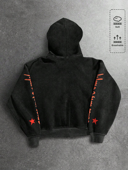 Men's Letter Figure Print Zip Front Long Sleeve Hoodie