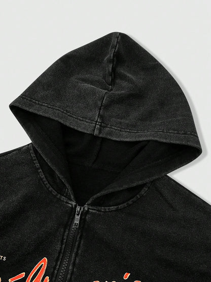 Men's Letter Figure Print Zip Front Long Sleeve Hoodie