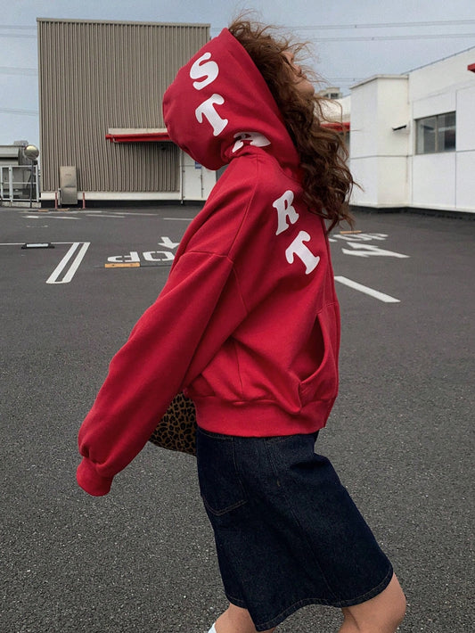 Women's Red Letter Print Casual Loose Hoodie