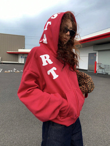 Women's Red Letter Print Casual Loose Hoodie