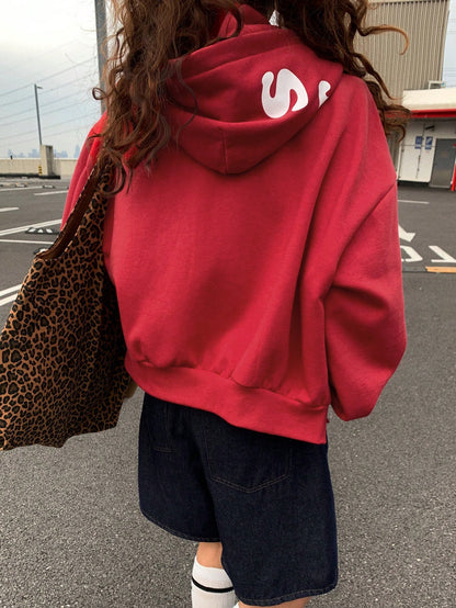 Women's Red Letter Print Casual Loose Hoodie