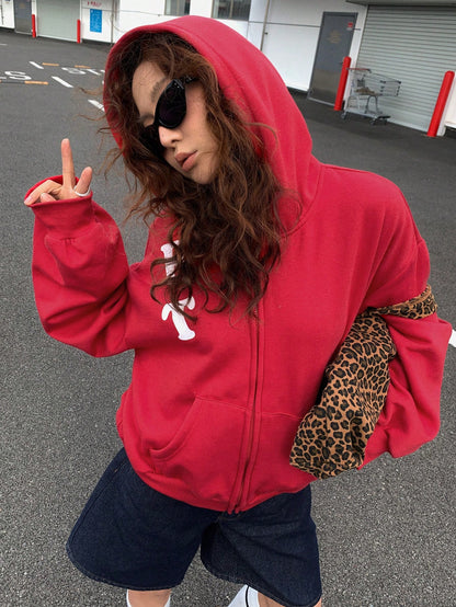 Women's Red Letter Print Casual Loose Hoodie