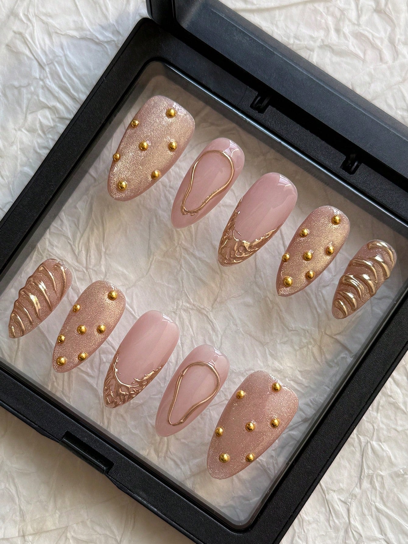 Gothic Pink Cat Eye Almond Press-On Nails with Beads