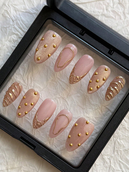 Gothic Pink Cat Eye Almond Press-On Nails with Beads