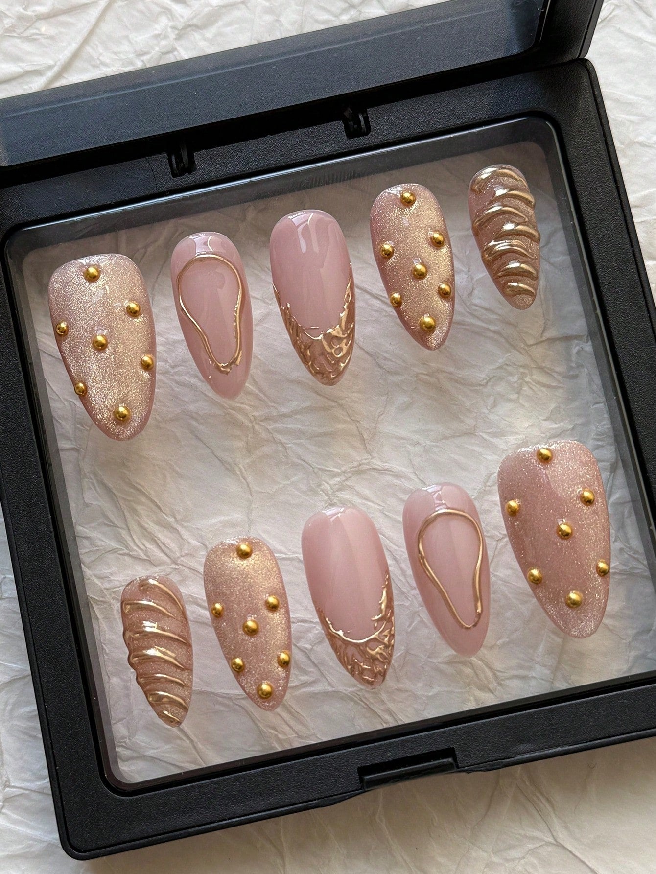 Gothic Pink Cat Eye Almond Press-On Nails with Beads