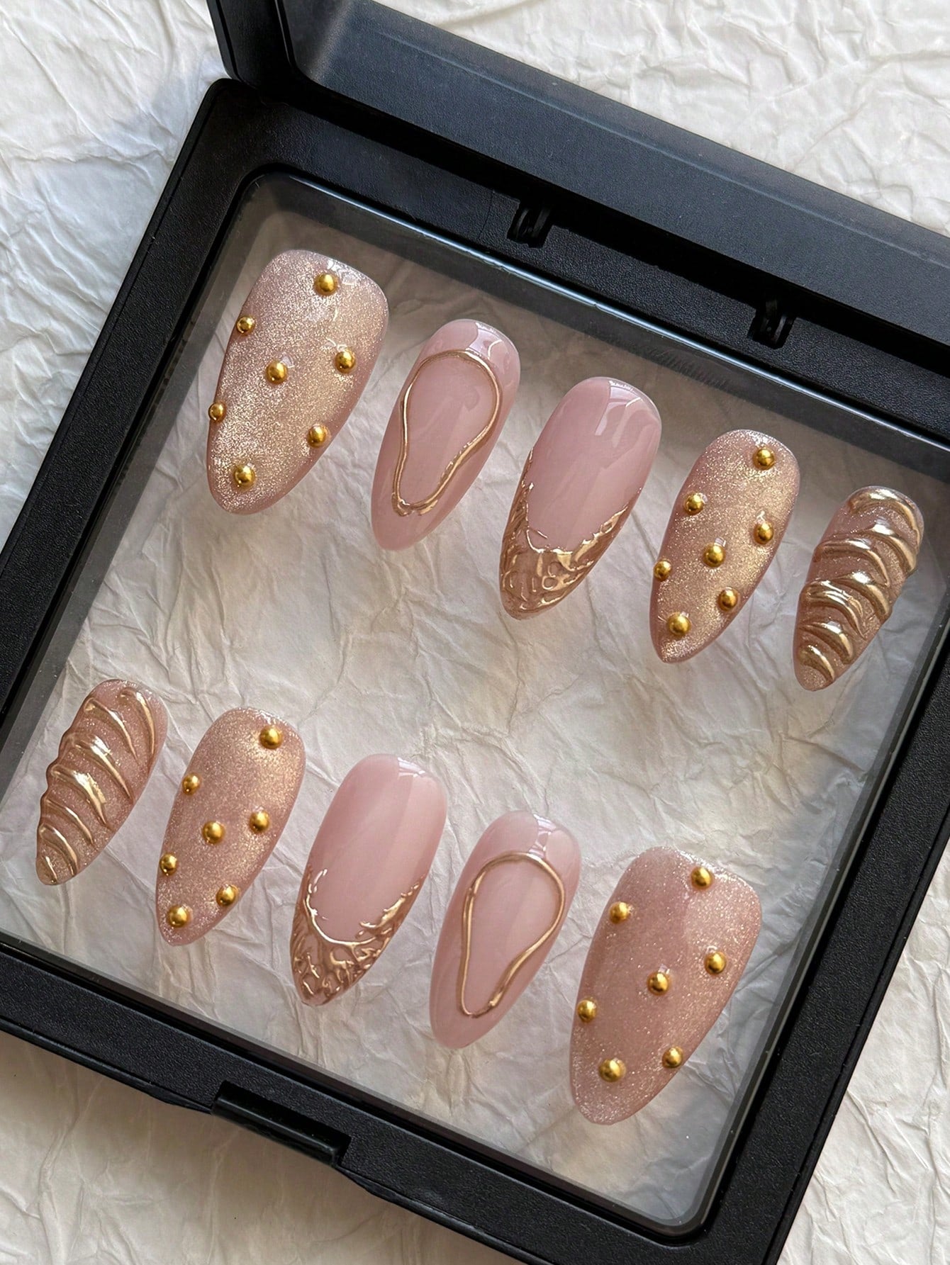 Gothic Pink Cat Eye Almond Press-On Nails with Beads
