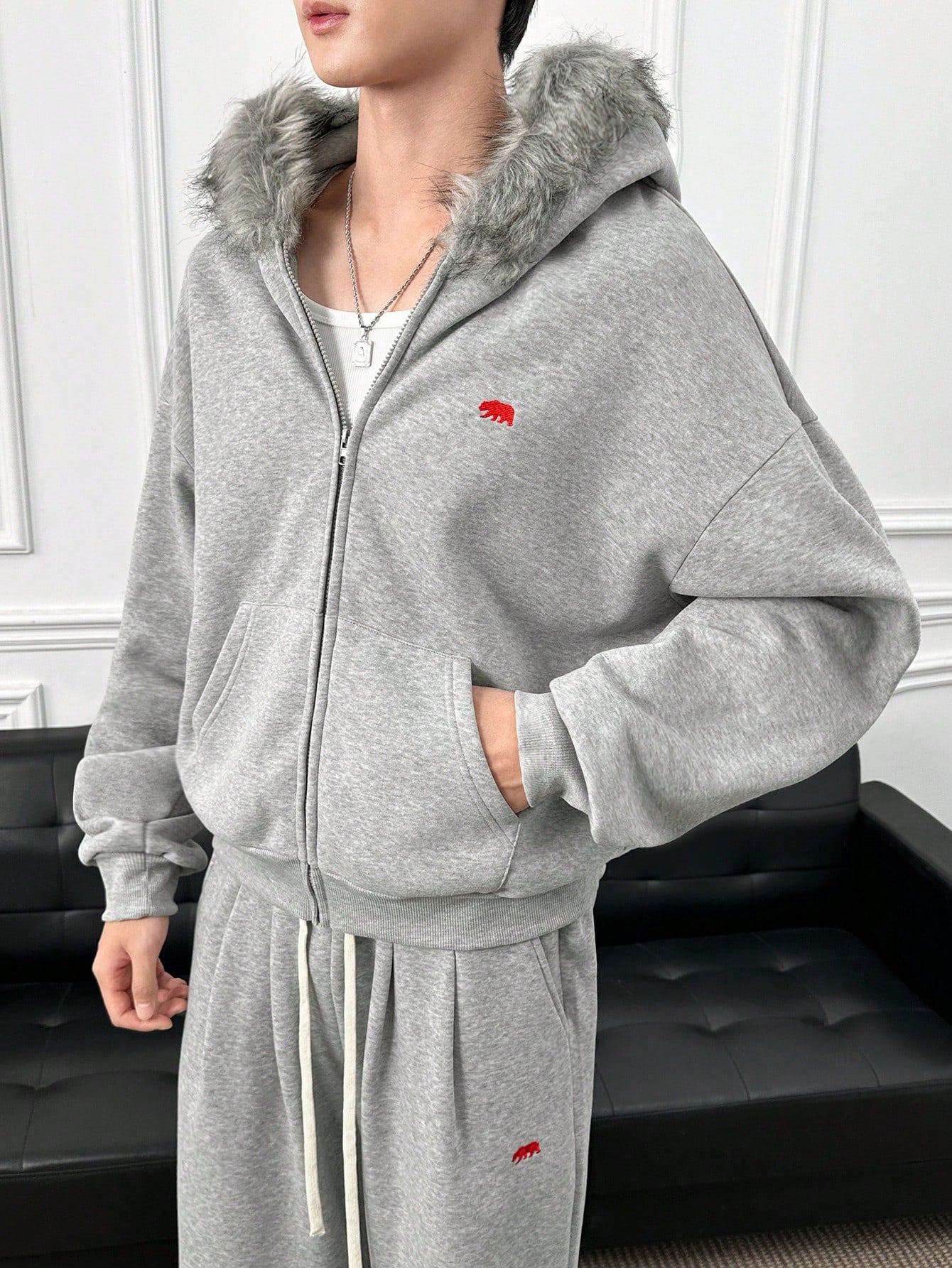 Men's Embroidered Cardigan Hoodie with Faux Fur Collar