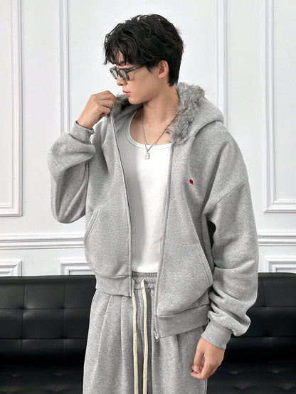 Men's Embroidered Cardigan Hoodie with Faux Fur Collar