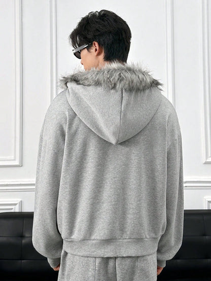 Men's Embroidered Cardigan Hoodie with Faux Fur Collar