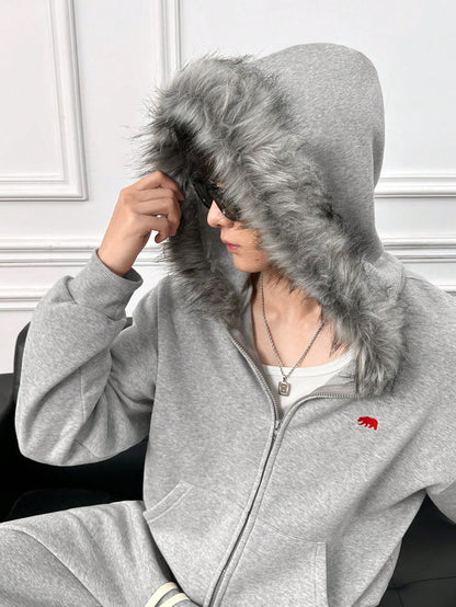 Men's Embroidered Cardigan Hoodie with Faux Fur Collar