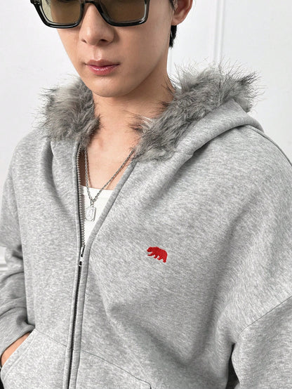 Men's Embroidered Cardigan Hoodie with Faux Fur Collar