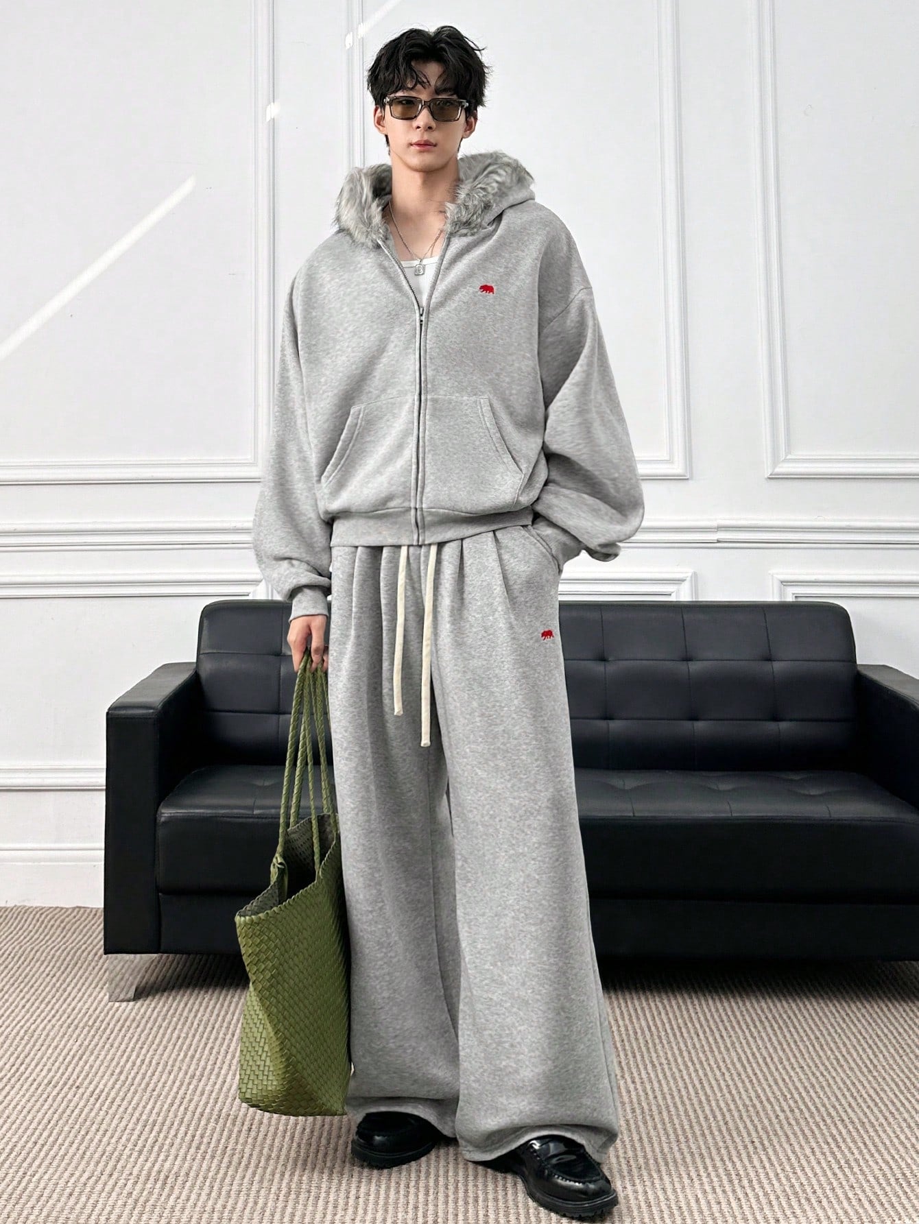 Men's Embroidered Cardigan Hoodie with Faux Fur Collar