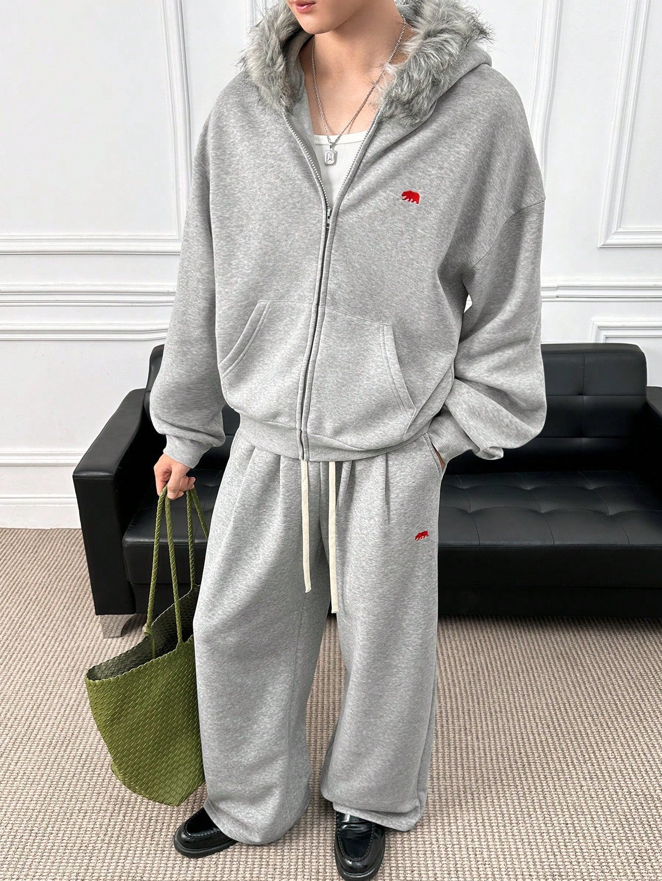 Men's Embroidered Cardigan Hoodie with Faux Fur Collar