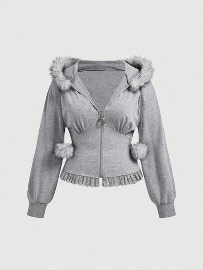 Plus Size Kawaii Fur Collar Zip-Up Hooded