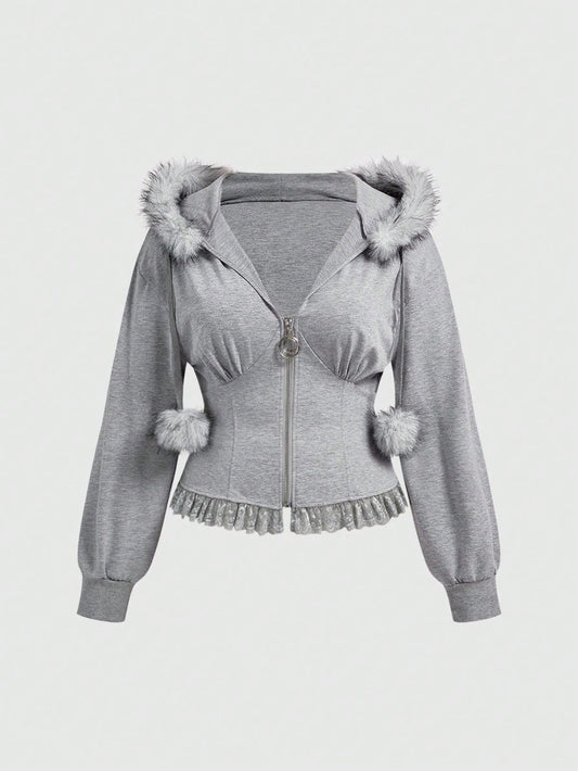 Plus Size Kawaii Fur Collar Zip-Up Hooded