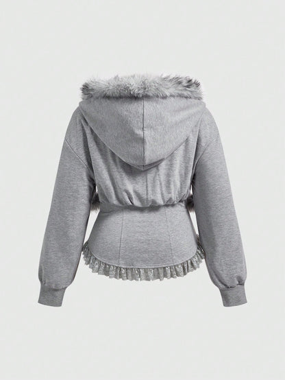 Plus Size Kawaii Fur Collar Zip-Up Hooded