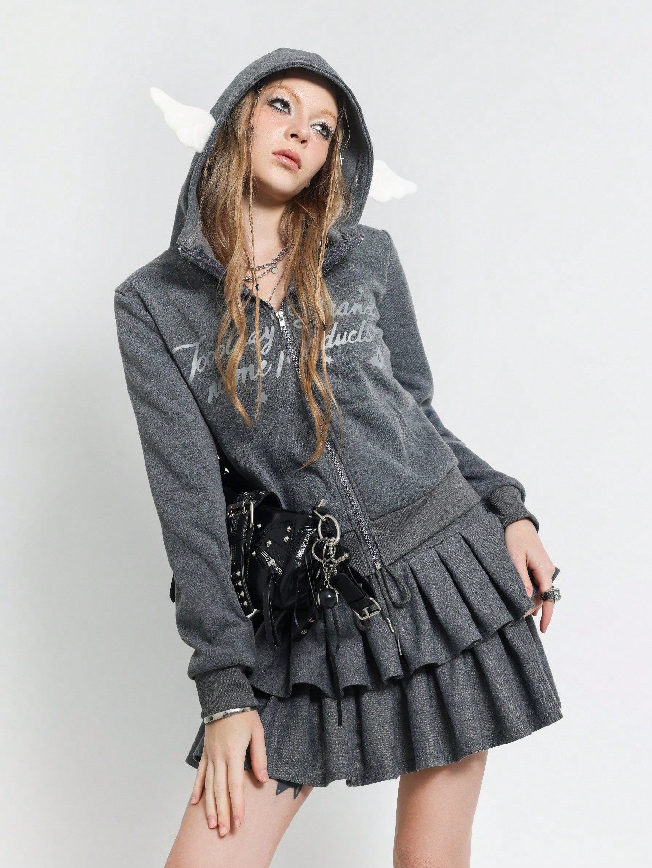 Women's Y2K Slogan Print Zip-Up 3D Ear Hoodie