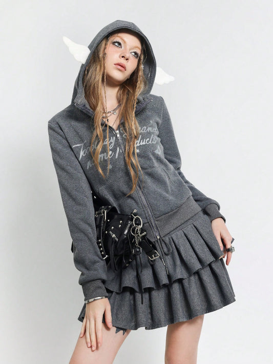 Women's Y2K Slogan Print Zip-Up 3D Ear Hoodie