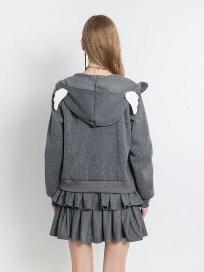 Women's Y2K Slogan Print Zip-Up 3D Ear Hoodie