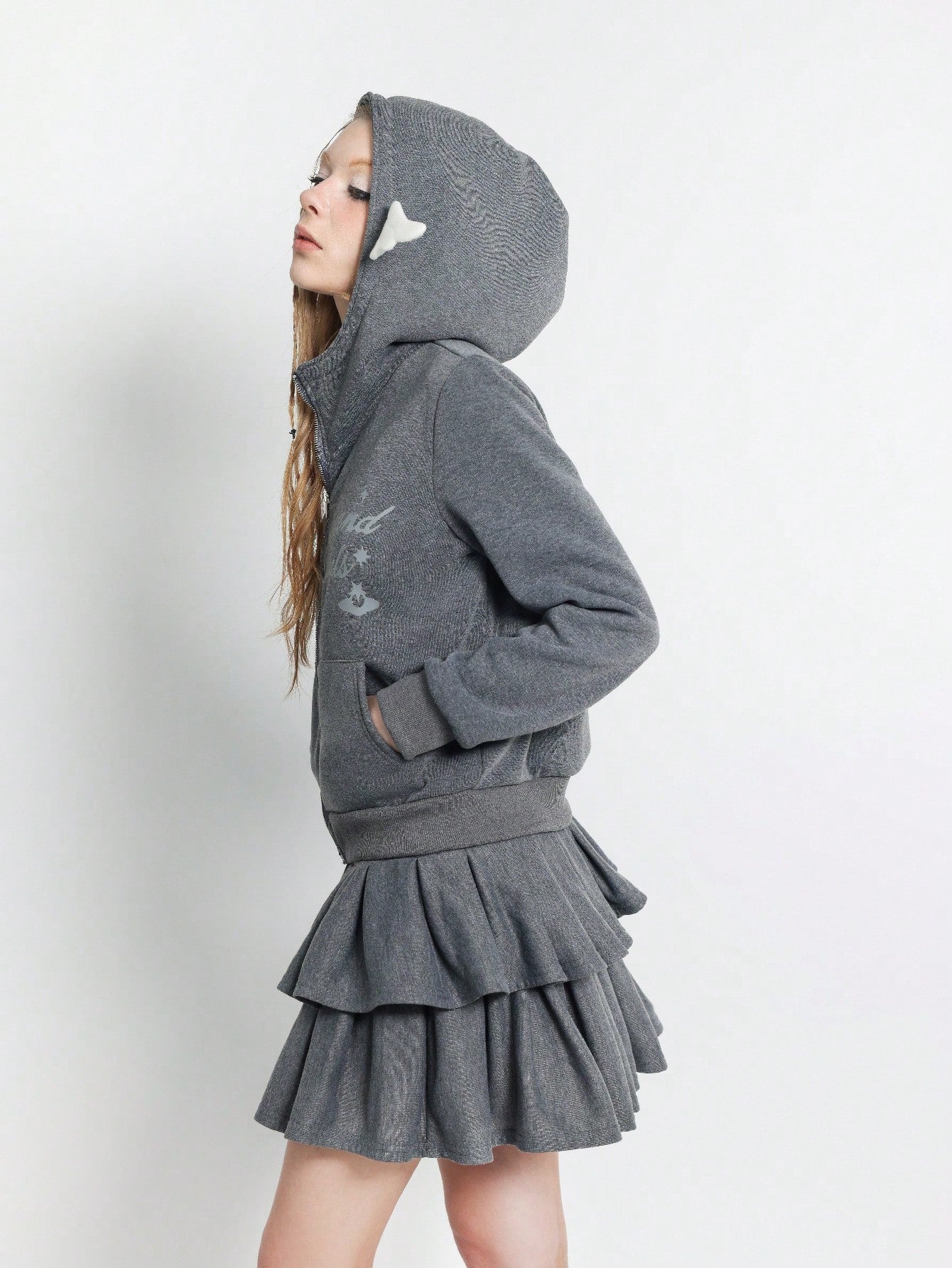 Women's Y2K Slogan Print Zip-Up 3D Ear Hoodie