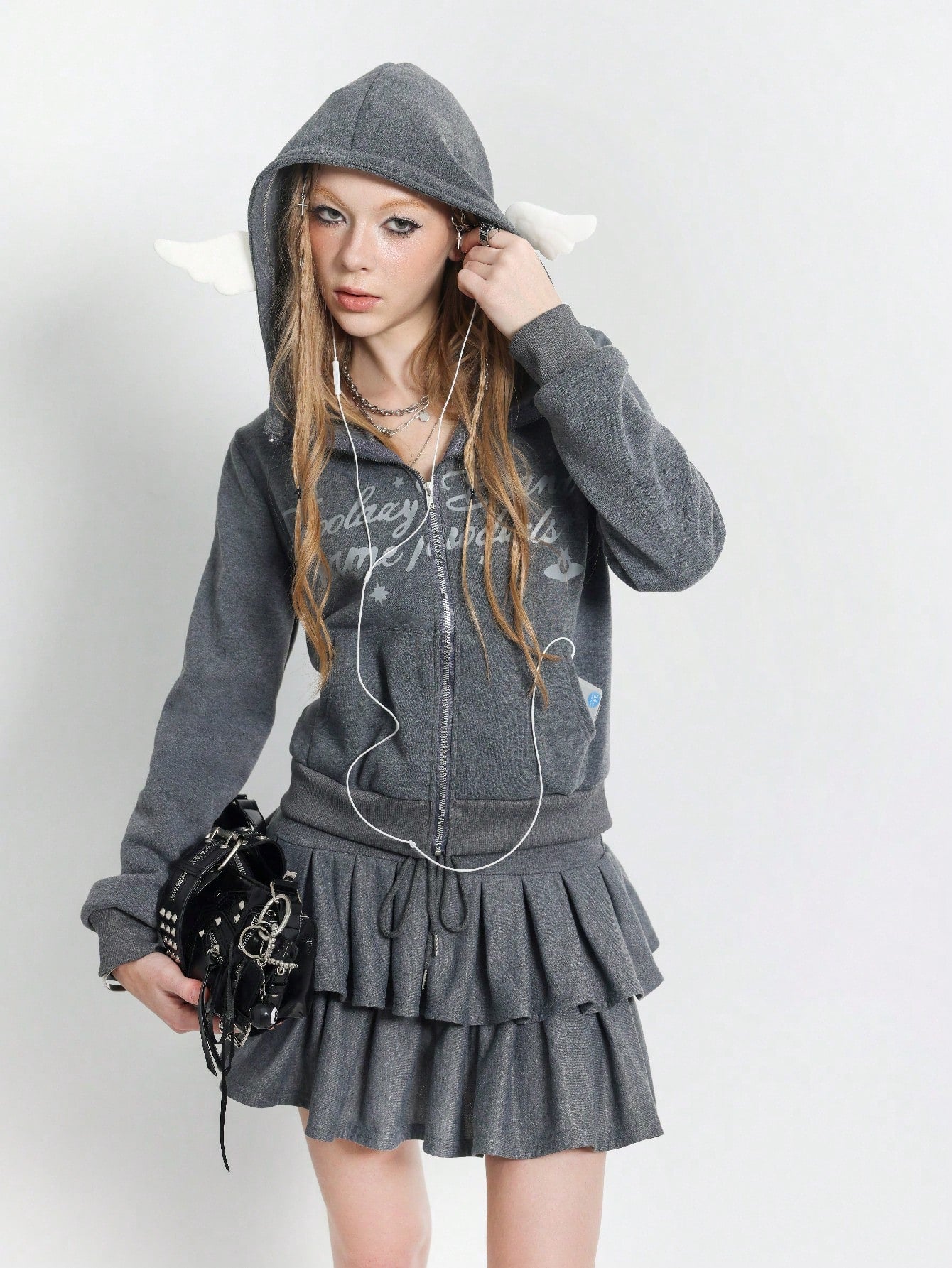 Women's Y2K Slogan Print Zip-Up 3D Ear Hoodie