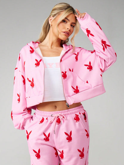 Playboy Bunny Print Oversized Crop Hoodie