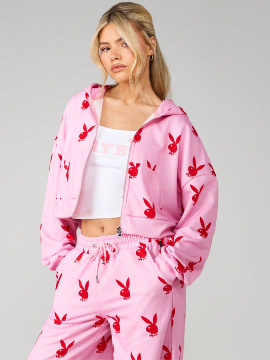 Playboy Bunny Print Oversized Crop Hoodie