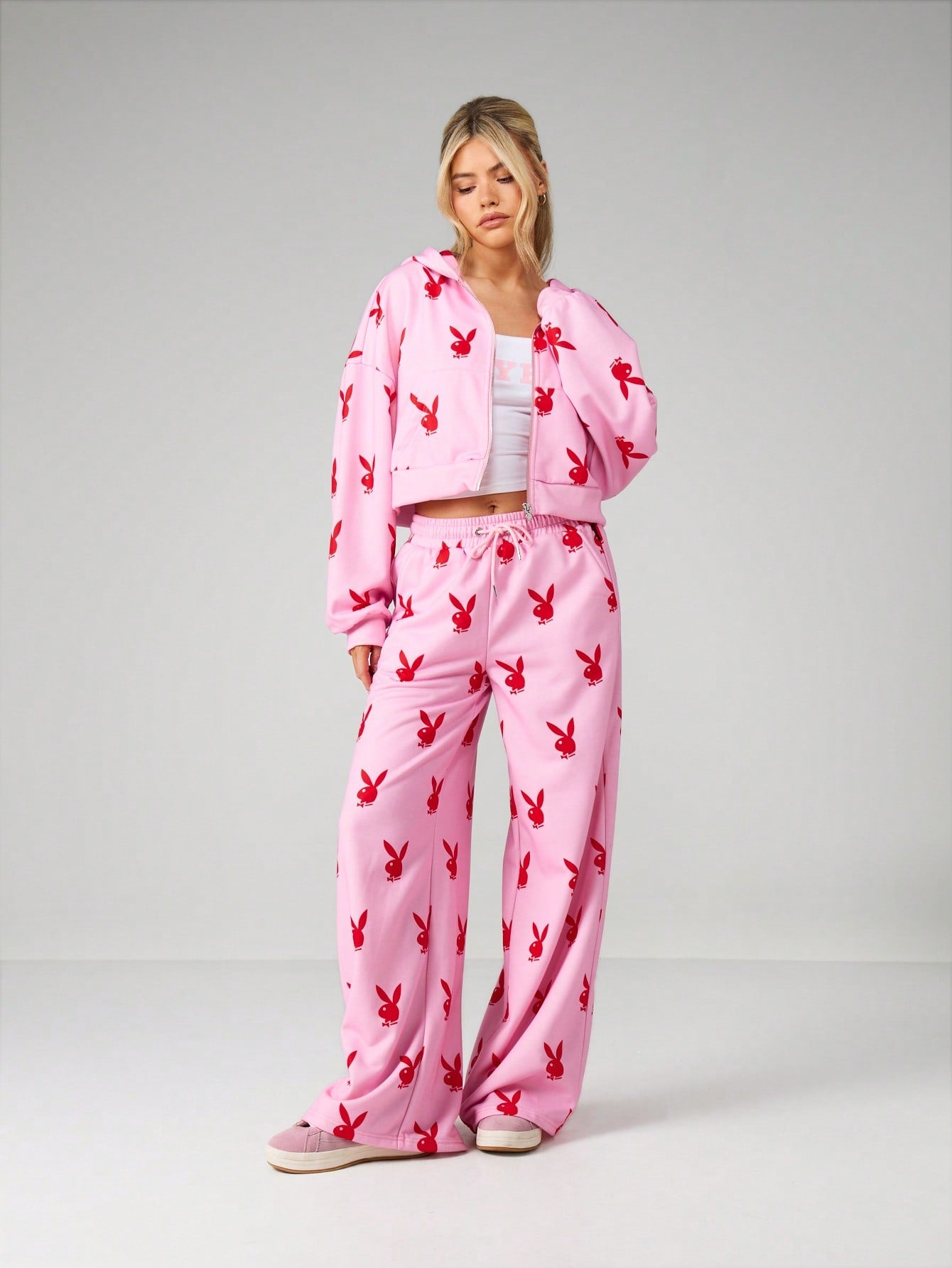 Playboy Bunny Print Oversized Crop Hoodie