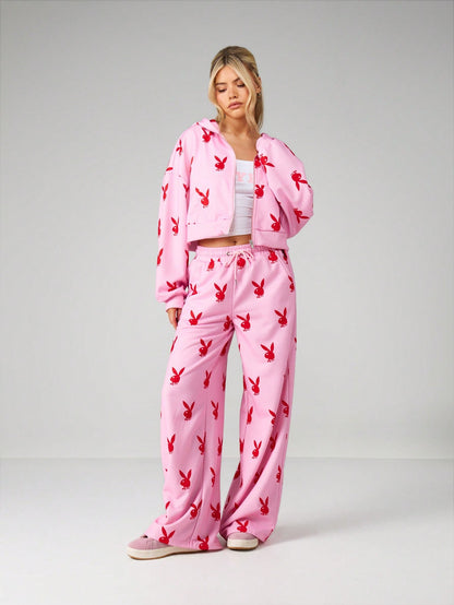 Playboy Bunny Print Oversized Crop Hoodie