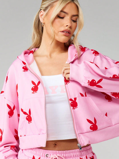Playboy Bunny Print Oversized Crop Hoodie