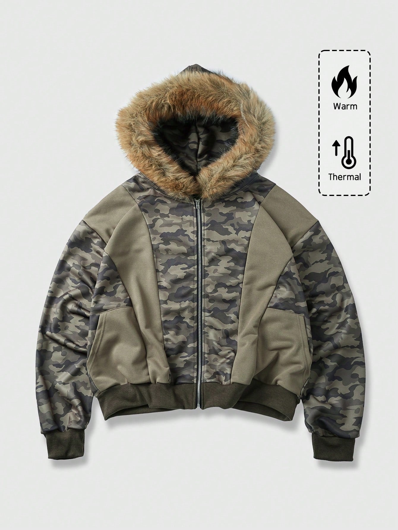 Men's Camo Print Zip Up Patchwork Faux Fur Hoodie