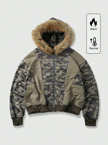 Men's Camo Print Zip Up Patchwork Faux Fur Hoodie