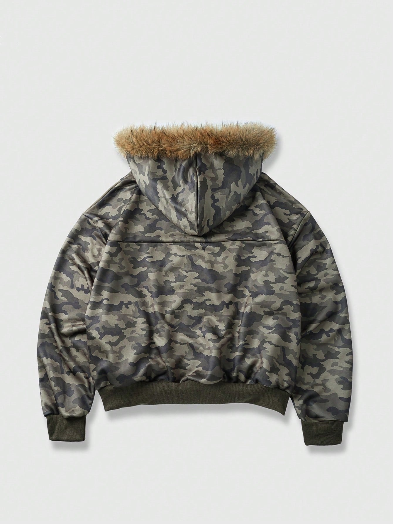 Men's Camo Print Zip Up Patchwork Faux Fur Hoodie