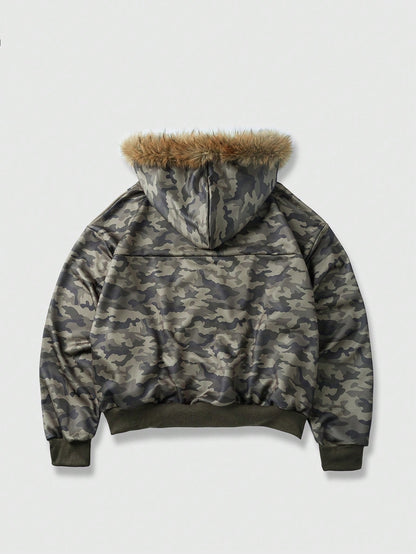 Men's Camo Print Zip Up Patchwork Faux Fur Hoodie