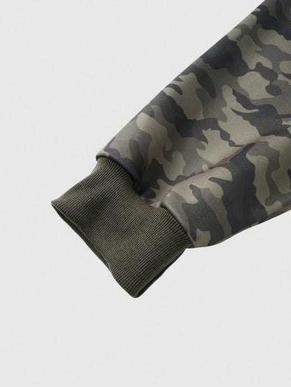 Men's Camo Print Zip Up Patchwork Faux Fur Hoodie