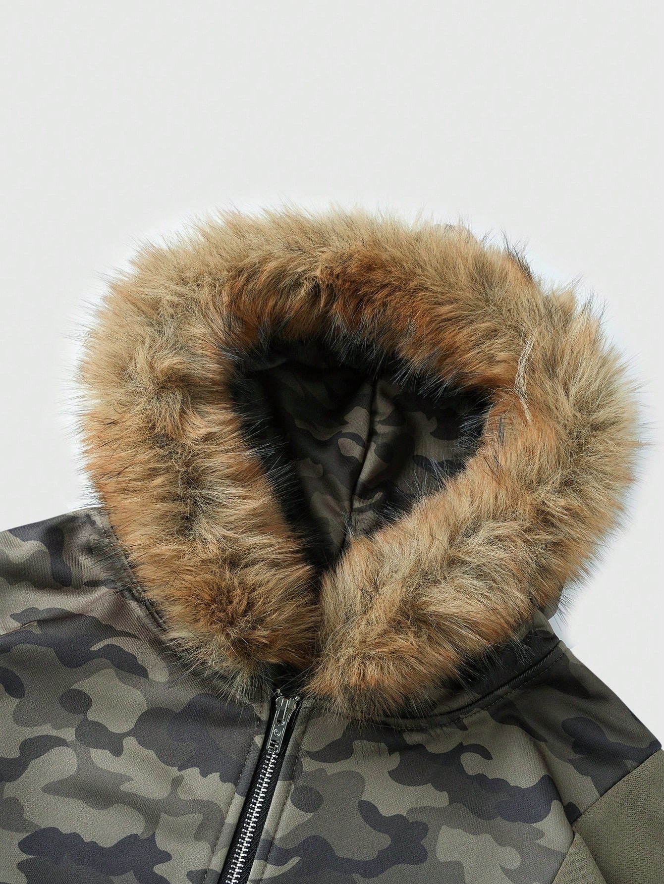 Men's Camo Print Zip Up Patchwork Faux Fur Hoodie