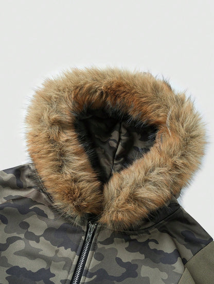 Men's Camo Print Zip Up Patchwork Faux Fur Hoodie