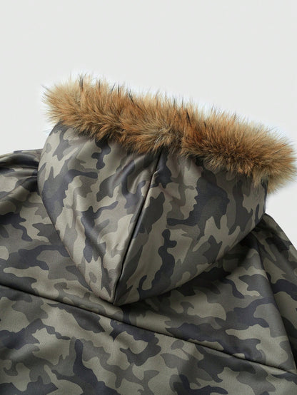 Men's Camo Print Zip Up Patchwork Faux Fur Hoodie