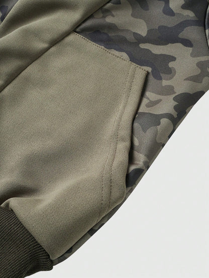 Men's Camo Print Zip Up Patchwork Faux Fur Hoodie