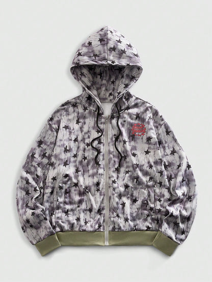 Men Collegiate Printed Zip Up Hoodie