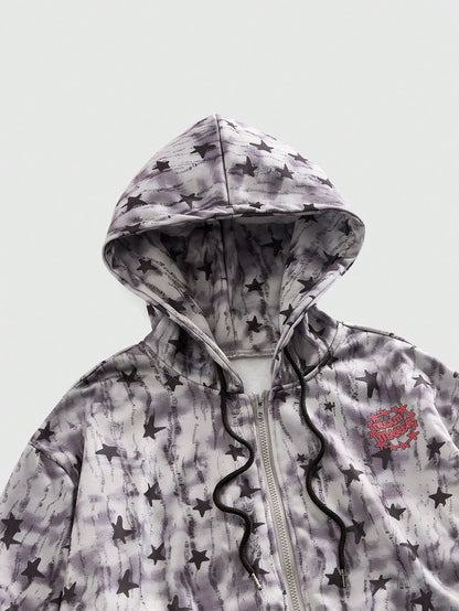 Men Collegiate Printed Zip Up Hoodie