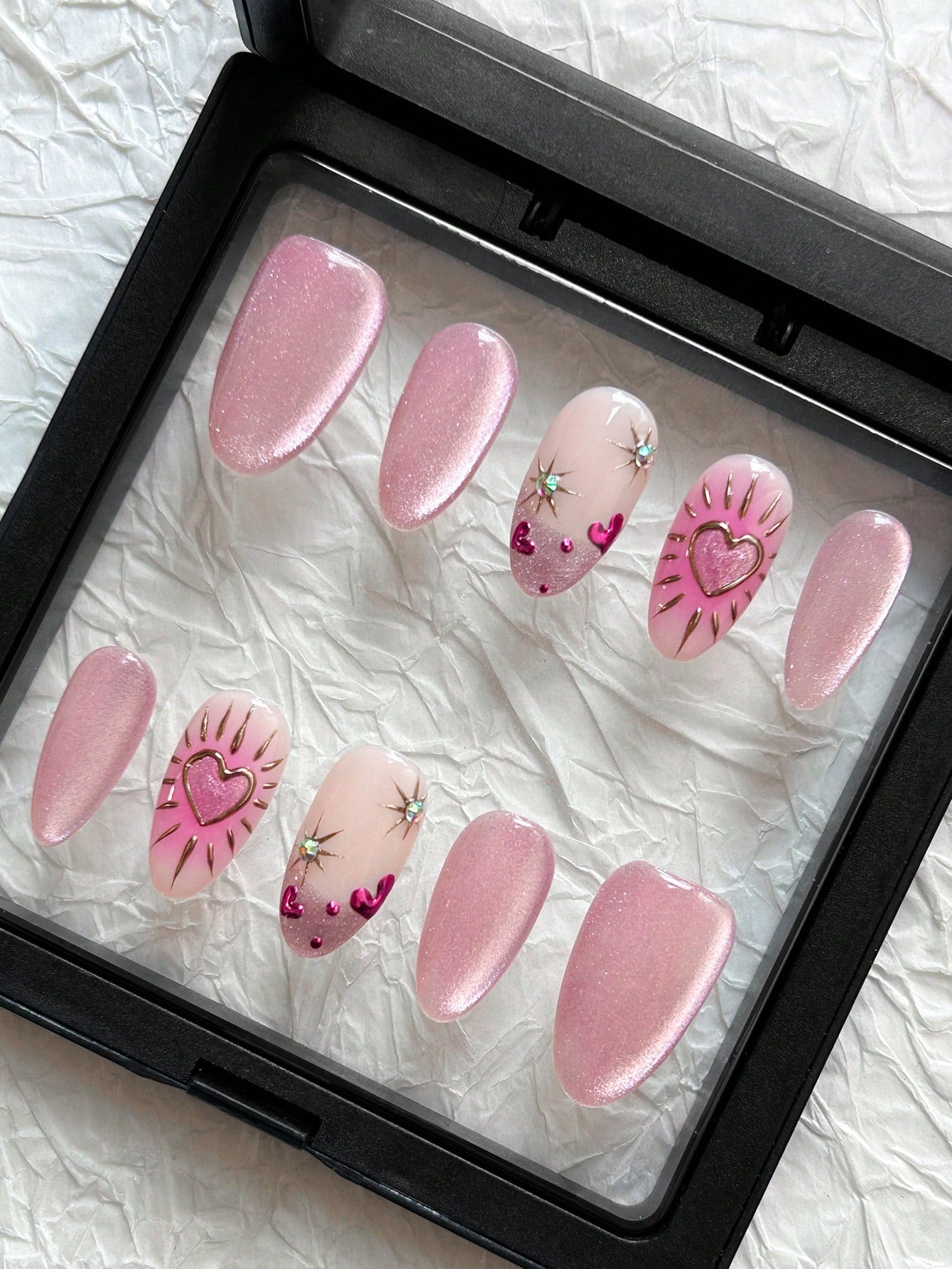 Handmade Pink Cat Eye Almond Press-On Nails (10pcs)