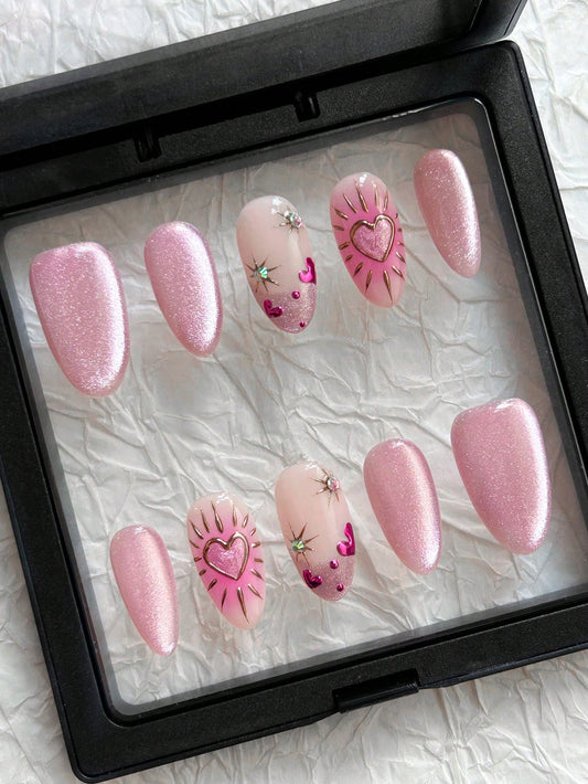 Handmade Pink Cat Eye Almond Press-On Nails (10pcs)